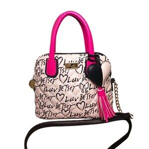 Luv Betsey Betsey Johnson Quilted Hearts Satchel Crossbody Bag White Pink Black
